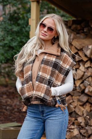 Trailhaven Brown Plaid Sherpa Vest