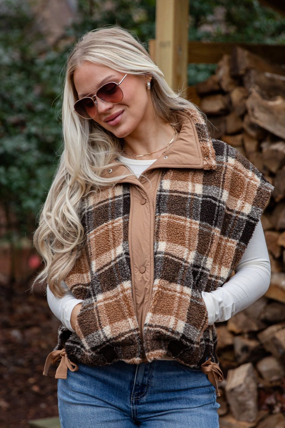 Trailhaven Brown Plaid Sherpa Vest