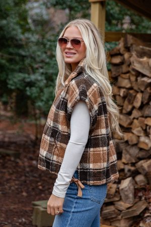 Trailhaven Brown Plaid Sherpa Vest